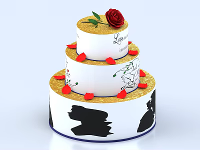 Three Tiered White Cake With Red Rose Gold Accents And Black Abstract Designs 3d model