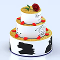 Three Tiered White Cake With Red Rose Gold Accents And Black Abstract Designs