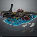 Underwater Wreck Scene With Colorful Corals Marine Plants Blue Water And Ice Blocks