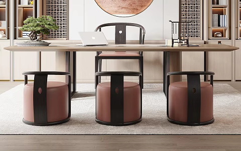New Chinese Style Desk and Chair Combination Desk and Chair Stool Desk Ornaments 3d model