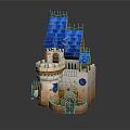 Cartoon Castle Scene With Blue Roof Tower And Decorative Flags Windows