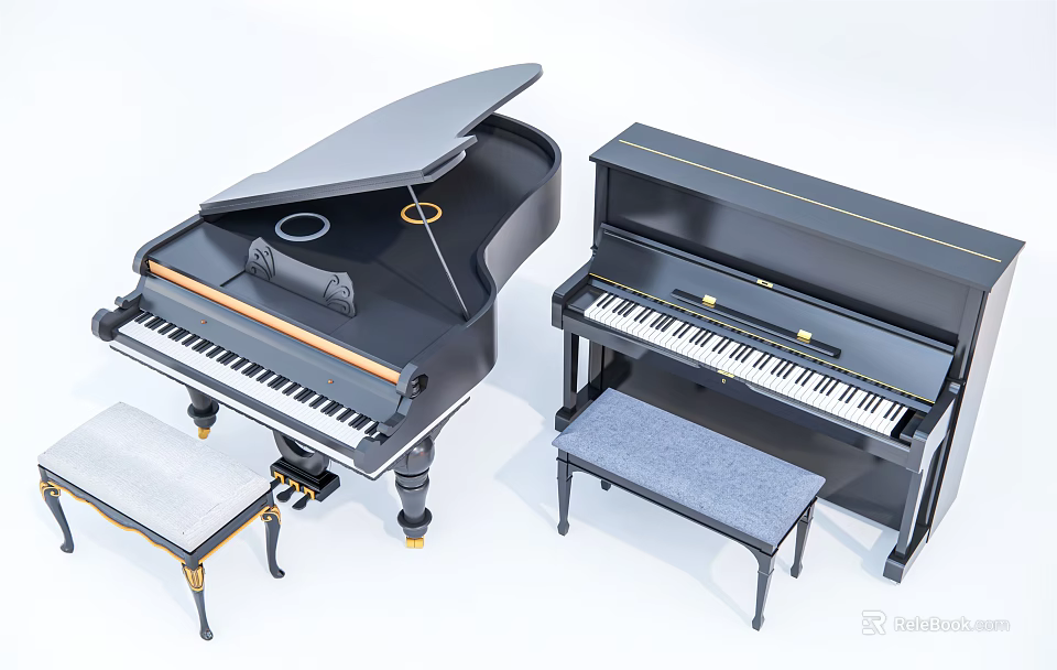 Classic Black Grand and Upright Pianos with Matching Benches in Elegant 3d model 