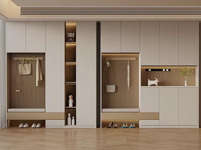 Modern Entryway Design With White Cabinets Coat Racks Benches Shoes And Decorative Display Shelf 3d model