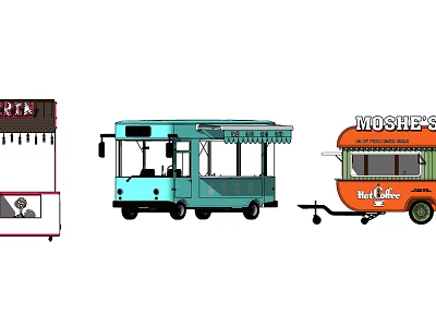 Colorful Mobile Food Vending Carts Including Blue Truck And Orange Trailer 3d model