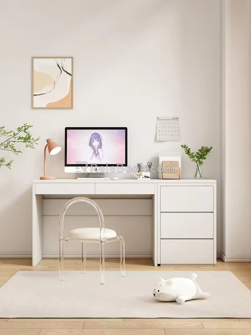 Cream wind study computer desk computer workbench 3d model
