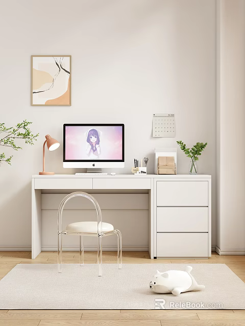 Stylish White Desk Setup With Computer Monitor Stationery Calendar Green Plants And Table Lamp 3d model 