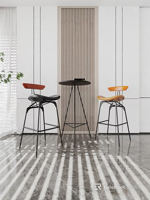 Modern Round Bar Counter With Metal Frame And Colorful Bar Stools 3d model 
