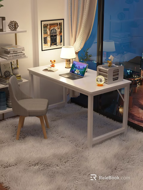 Modern White Desk With Laptop Lamp Decor And Gray Chair 3d model 