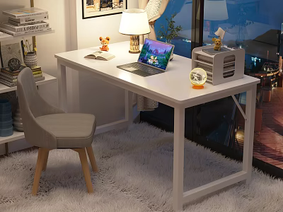 Modern White Desk With Laptop Lamp Decor And Gray Chair 3d model