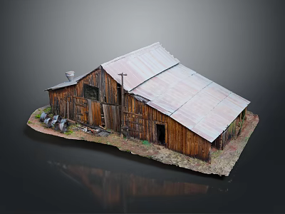 Old Wooden House with Tin Roof Wooden Structure Door And Windows on Dirt Ground 3d model