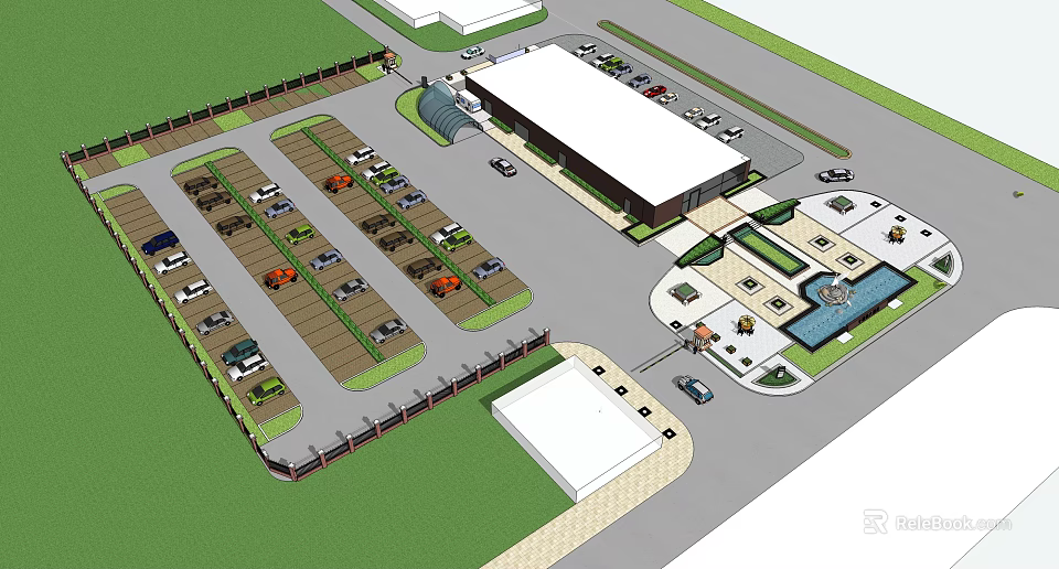 Organized Parking Lot Layout With Multiple Spaces And Adjacent Building Structure 3d model 