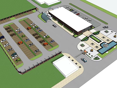 Organized Parking Lot Layout With Multiple Spaces And Adjacent Building Structure 3d model