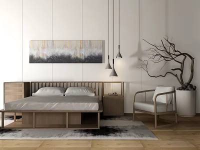 Modern Minimalist Double Bed Background With Wooden Furniture Abstract Painting And Pendant Lights 3d model