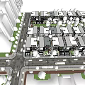 Modern Urban Neighborhood With High Rise Buildings Tree Lined Streets Vehicles And Pedestrians
