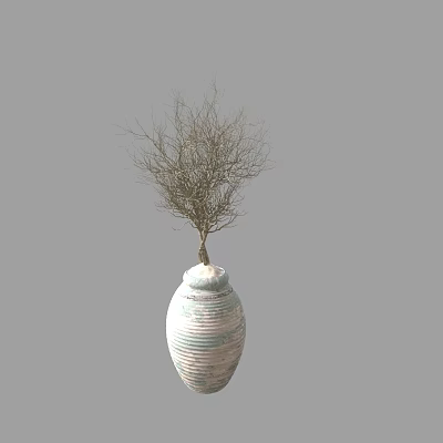 White Green Striped Ceramic Vase With Dried Branches For Natural Interior Decor 3d model