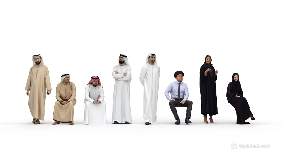 Group of Multicultural People Wearing Traditional Clothing in Various Standing and Sitting Poses 3d model 