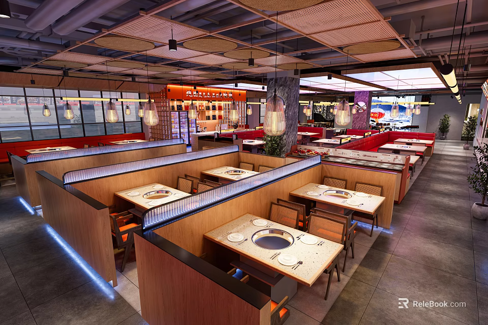 Modern Hotpot Restaurant Interior With Wooden Partitions Dining Tables And Lighting Design 3d model 