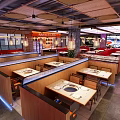 Modern Hotpot Restaurant Interior With Wooden Partitions Dining Tables And Lighting Design