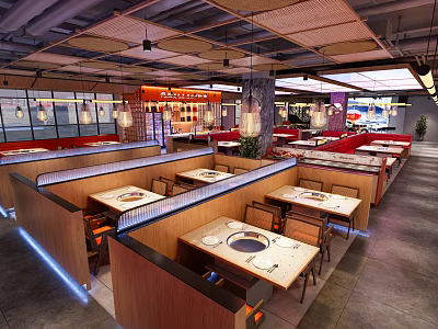 Modern Hotpot Restaurant Interior With Wooden Partitions Dining Tables And Lighting Design 3d model