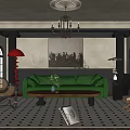 Elegant Living Room Interior With Green Sofa Chandelier Red Floor Lamp And Geometric Rug