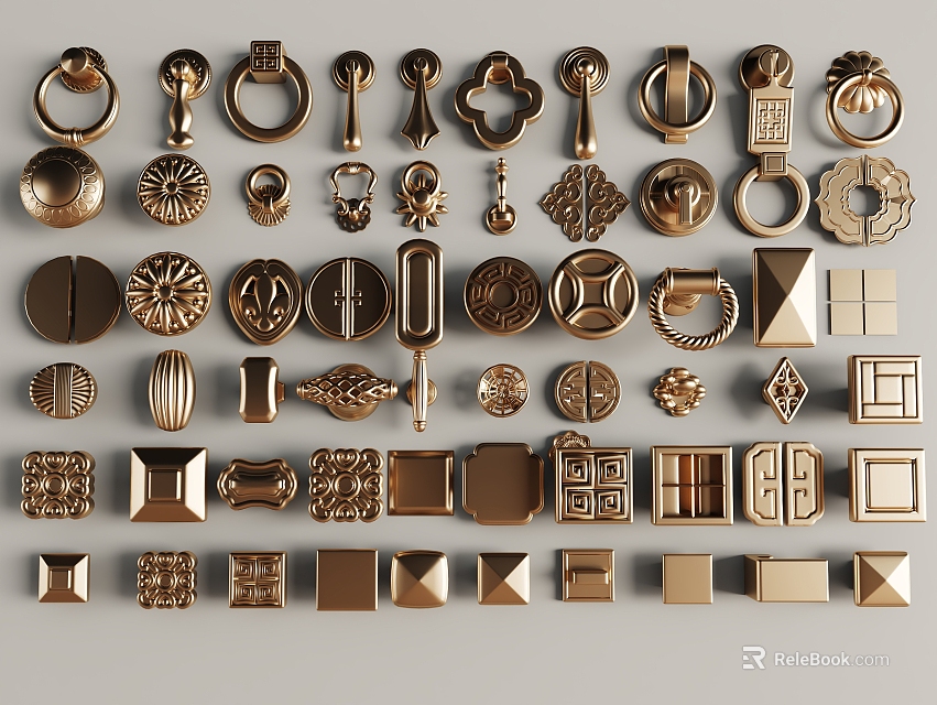 Golden Cabinet Handles Collection With Various Decorative Shapes And Intricate Designs 3d model 
