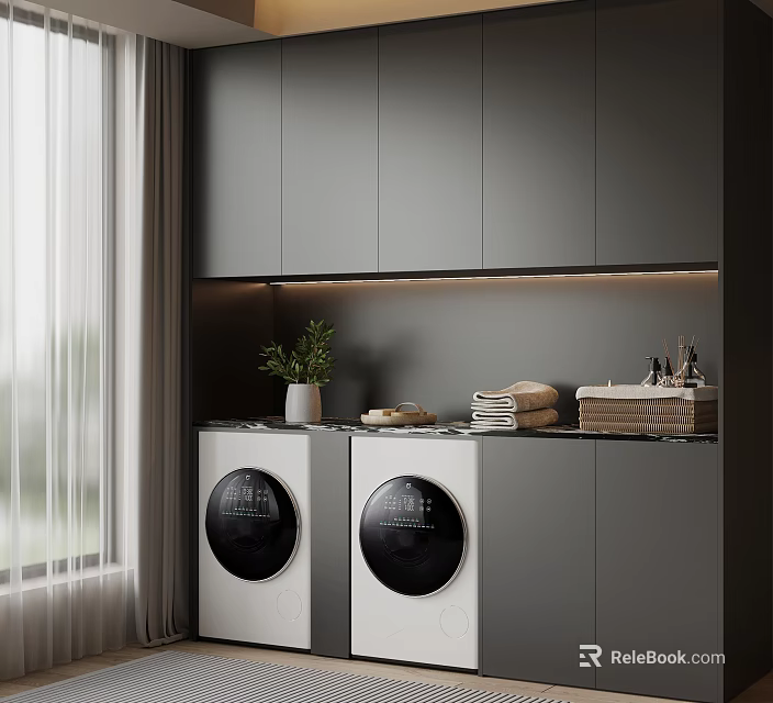 Modern Gray Balcony Cabinet With LED Strip Light And Washing Machines On Countertop 3d model 