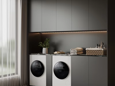 Modern Gray Balcony Cabinet With LED Strip Light And Washing Machines On Countertop 3d model