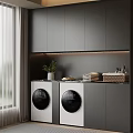 Modern Gray Balcony Cabinet With LED Strip Light And Washing Machines On Countertop