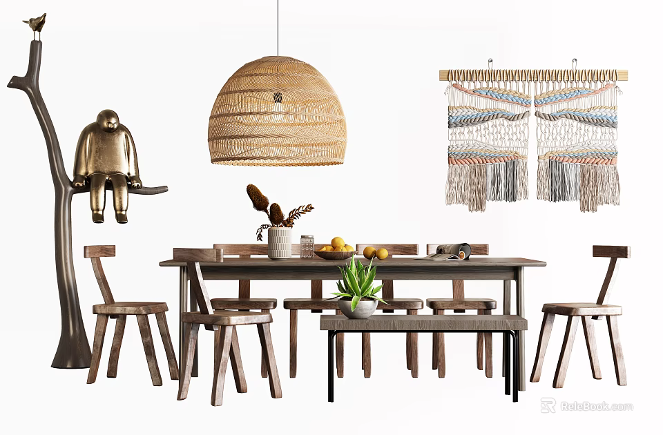 Natural Dining Table Set With Wooden Chairs Bench Pendant Light And Macrame Decor 3d model 