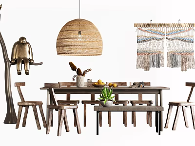 Natural Dining Table Set With Wooden Chairs Bench Pendant Light And Macrame Decor 3d model