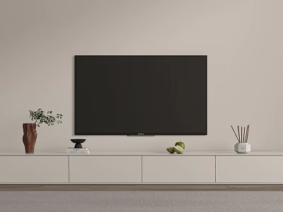 White TV Stand With Large Screen TV Green Plant Books Fruits And Incense Sticks 3d model