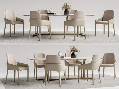 Modern Dining Table And Chair Set With Six Light Colored Chairs And Flower Vase 3d model