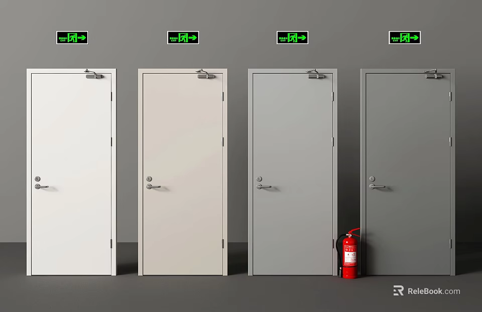 Four White And Light Gray Hinged Doors With Green Digital Displays And Red Fire Extinguisher 3d model 
