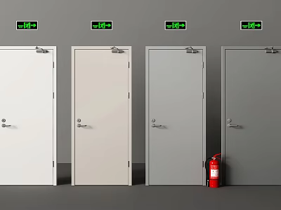 Four White And Light Gray Hinged Doors With Green Digital Displays And Red Fire Extinguisher 3d model