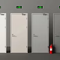Four White And Light Gray Hinged Doors With Green Digital Displays And Red Fire Extinguisher