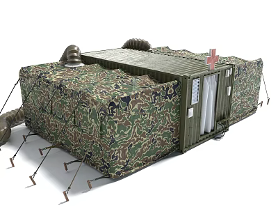 Camouflage Medical Tent Design With Red Cross Symbol And Support Poles Entrance 3d model