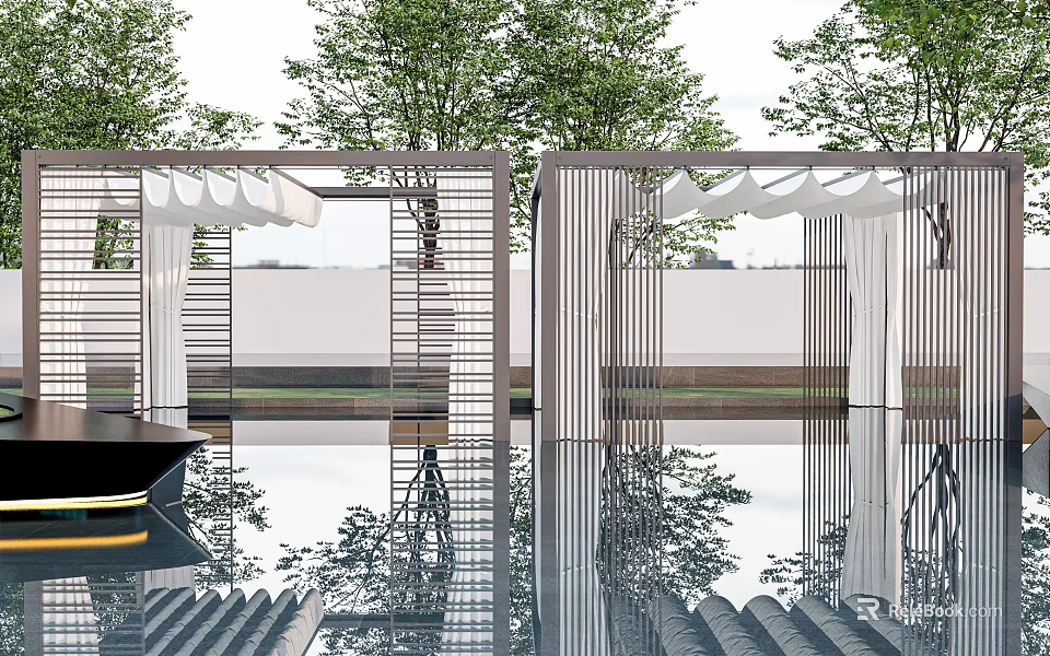 Modern Courtyard Pool Space With Lattice Structures White Wall And Tree Reflections 3d model 