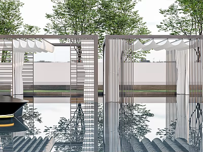 Modern Courtyard Pool Space With Lattice Structures White Wall And Tree Reflections 3d model