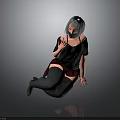 Anime Style Character With Gray Hair Mask Black Top Red Skirt Sitting On Gray Background