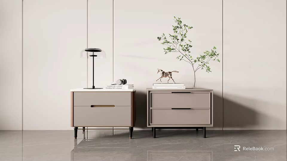 Modern Bedside Tables With Wooden Frame Minimalist Lamp Books Decorative Horse Figurine And Green Plant 3d model 