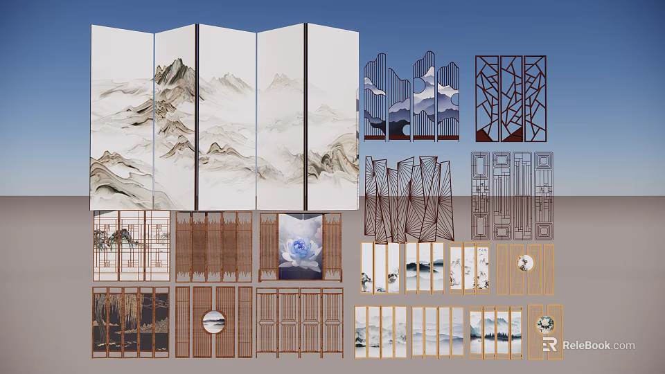 Various Chinese Screen Designs Featuring Mountain Landscape And Laser Cut Patterns 3d model