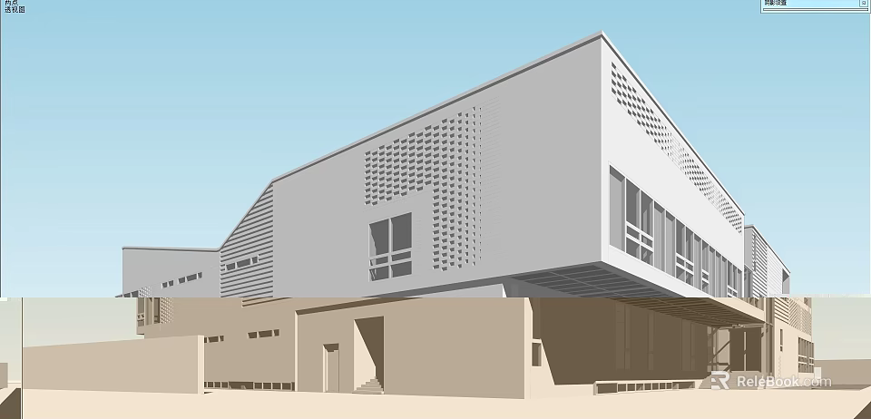 Modern Office Building With Perforated Facade Large Windows And Geometric Design 3d model 