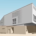 Modern Office Building With Perforated Facade Large Windows And Geometric Design