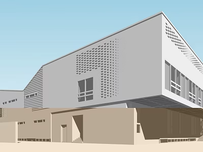 Modern Office Building With Perforated Facade Large Windows And Geometric Design 3d model