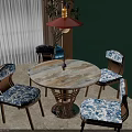 Modern Wooden Dining Table Set With Floral Pattern Chairs Green Wall And Pendant Light