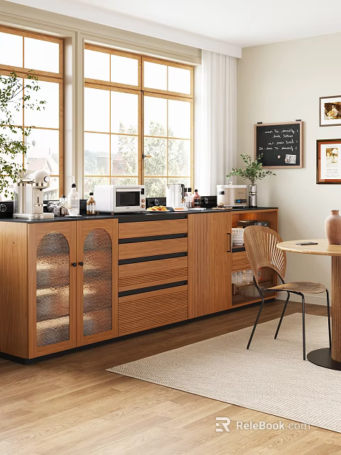 Wooden Sideboard With Glass Doors And Kitchen Appliances In Bright Modern Dining Space 3d model 