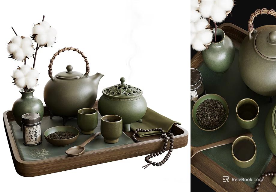 Traditional Ceramic Tea Set with Teapot Cups Tray and Tea Leaves Container 3d model 