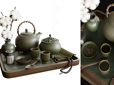 Traditional Ceramic Tea Set with Teapot Cups Tray and Tea Leaves Container 3d model