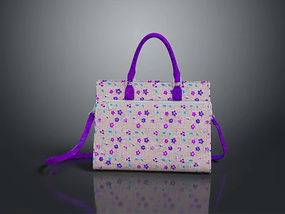 Stylish Light Colored Floral Handbag with Purple Handles and Shoulder Strap 3d model