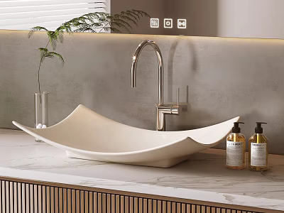 White Curved Bathroom Sink With Modern Silver Faucet On Marble Countertop And Soap Dispensers 3d model